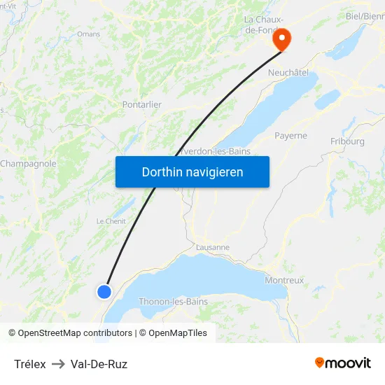 Trélex to Val-De-Ruz map