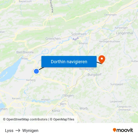 Lyss to Wynigen map