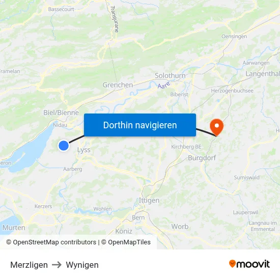 Merzligen to Wynigen map
