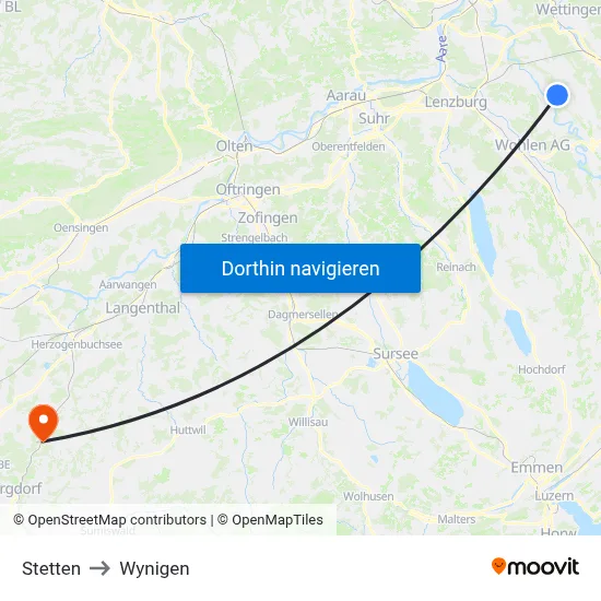 Stetten to Wynigen map
