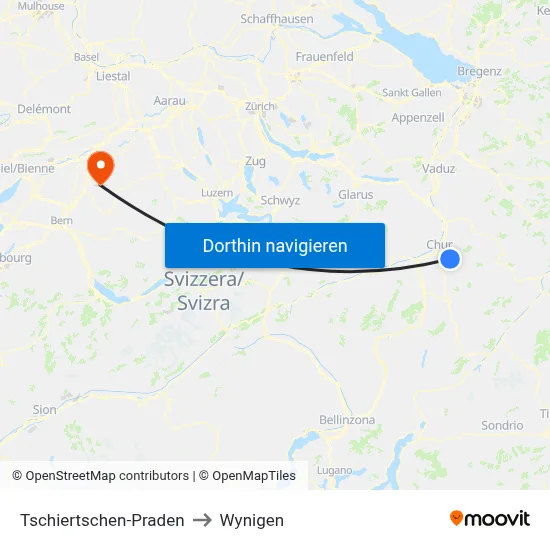 Tschiertschen-Praden to Wynigen map