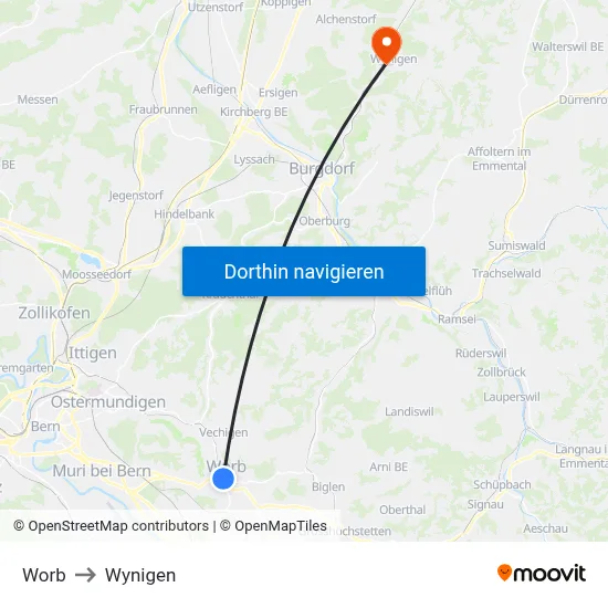 Worb to Wynigen map