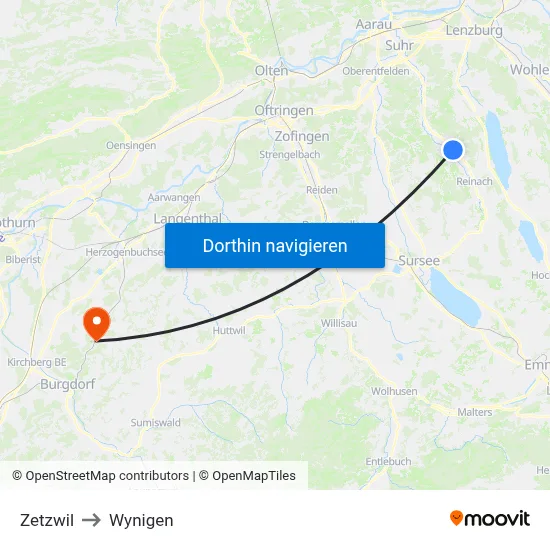 Zetzwil to Wynigen map