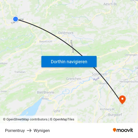 Porrentruy to Wynigen map