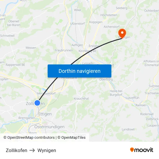 Zollikofen to Wynigen map