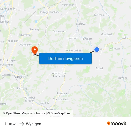 Huttwil to Wynigen map