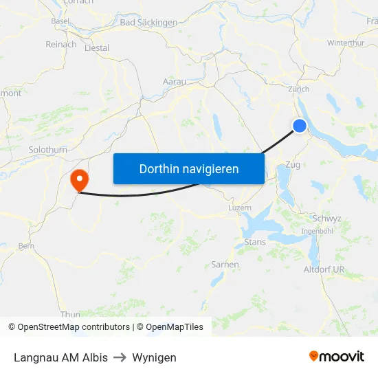 Langnau AM Albis to Wynigen map