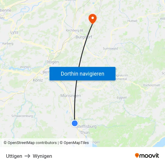 Uttigen to Wynigen map