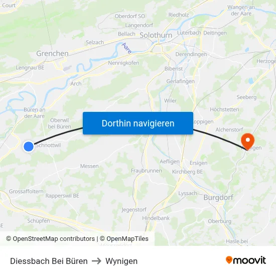 Diessbach Bei Büren to Wynigen map