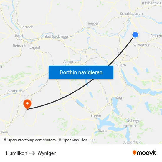 Humlikon to Wynigen map