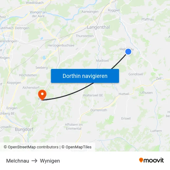 Melchnau to Wynigen map