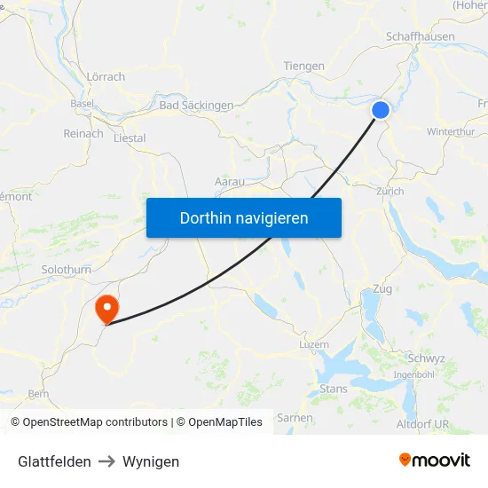 Glattfelden to Wynigen map