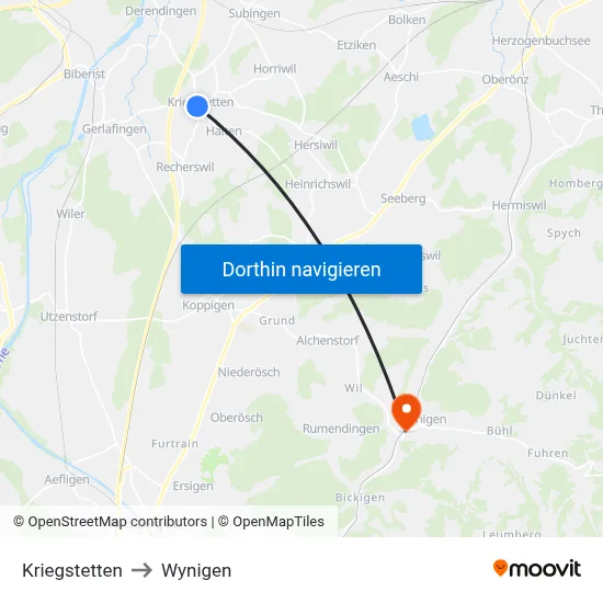 Kriegstetten to Wynigen map