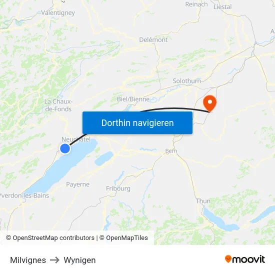 Milvignes to Wynigen map