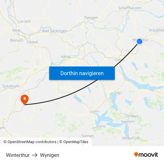 Winterthur to Wynigen map