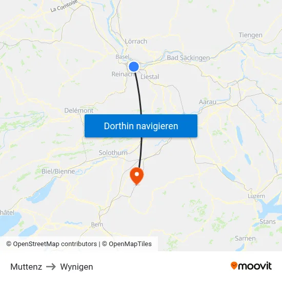 Muttenz to Wynigen map