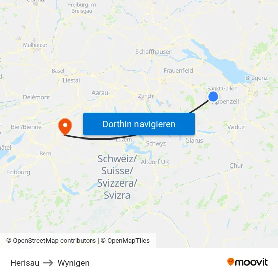 Herisau to Wynigen map