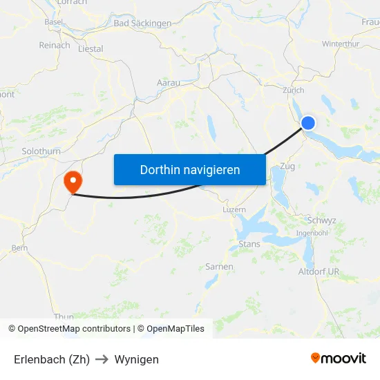 Erlenbach (Zh) to Wynigen map
