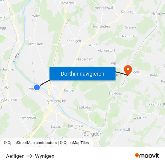 Aefligen to Wynigen map