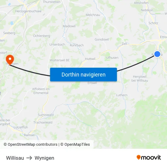 Willisau to Wynigen map