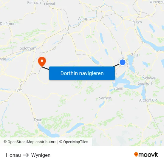 Honau to Wynigen map