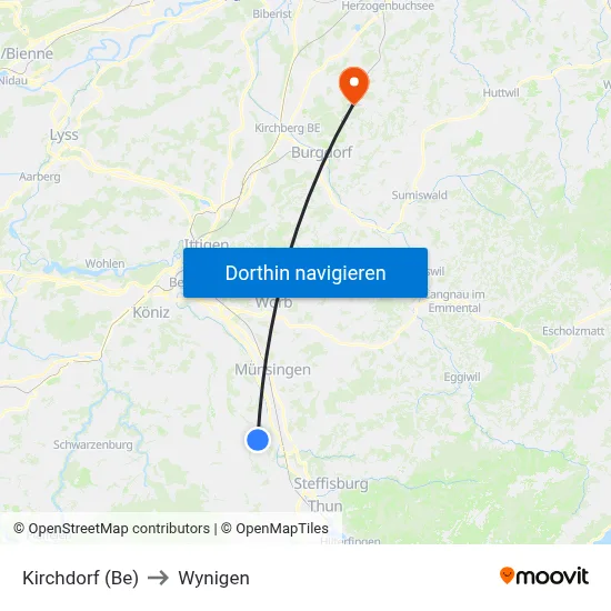 Kirchdorf (Be) to Wynigen map