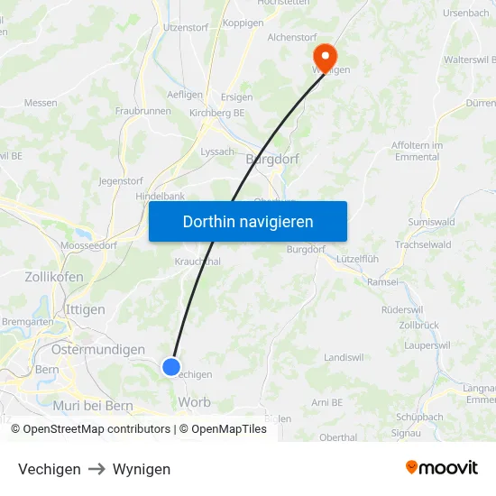 Vechigen to Wynigen map