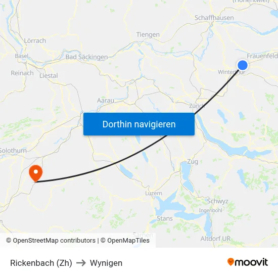 Rickenbach (Zh) to Wynigen map