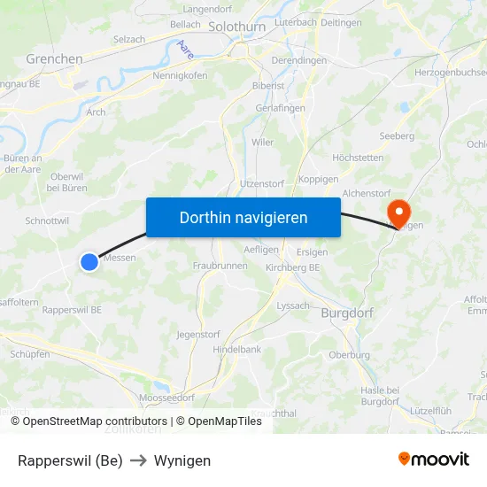 Rapperswil (Be) to Wynigen map