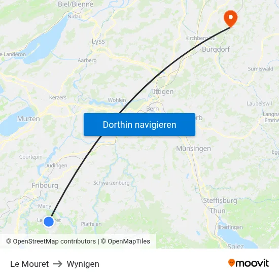 Le Mouret to Wynigen map