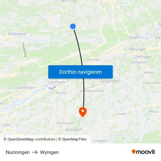 Nunningen to Wynigen map