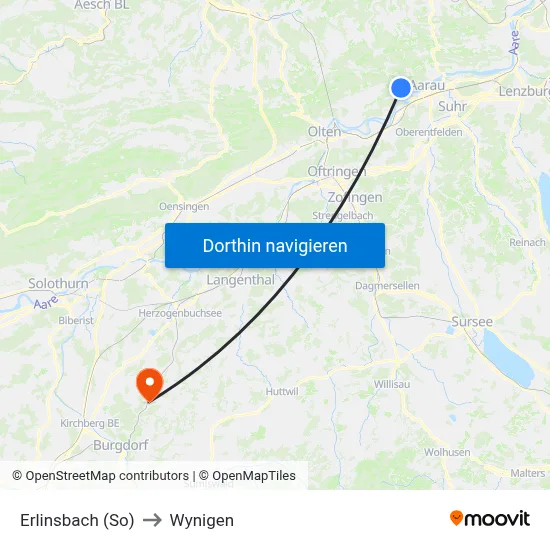 Erlinsbach (So) to Wynigen map
