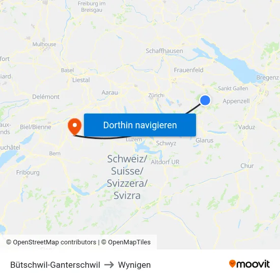Bütschwil-Ganterschwil to Wynigen map
