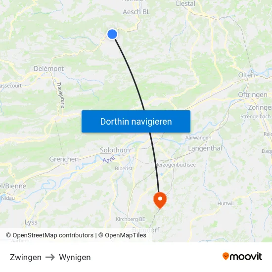 Zwingen to Wynigen map