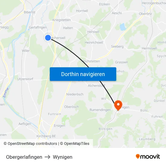 Obergerlafingen to Wynigen map