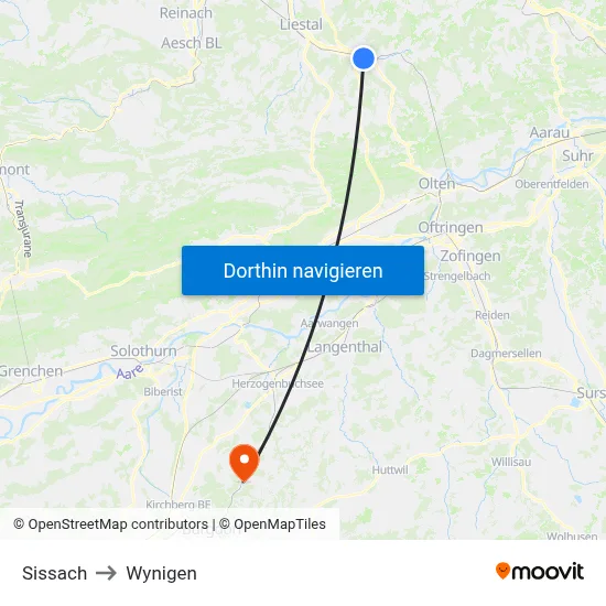 Sissach to Wynigen map