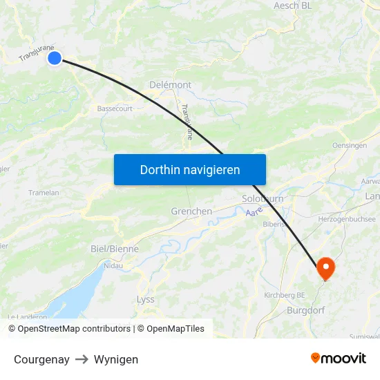 Courgenay to Wynigen map