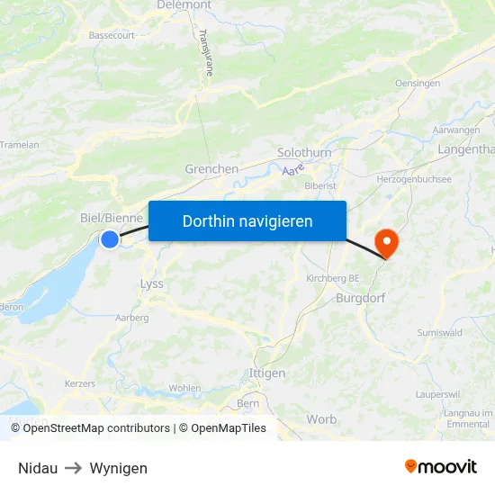 Nidau to Wynigen map