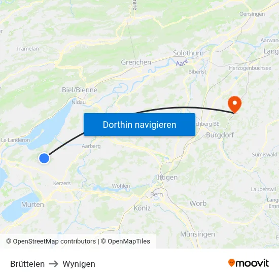 Brüttelen to Wynigen map