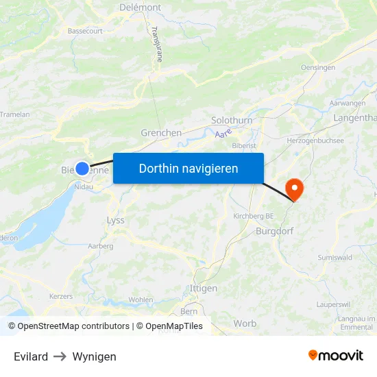 Evilard to Wynigen map