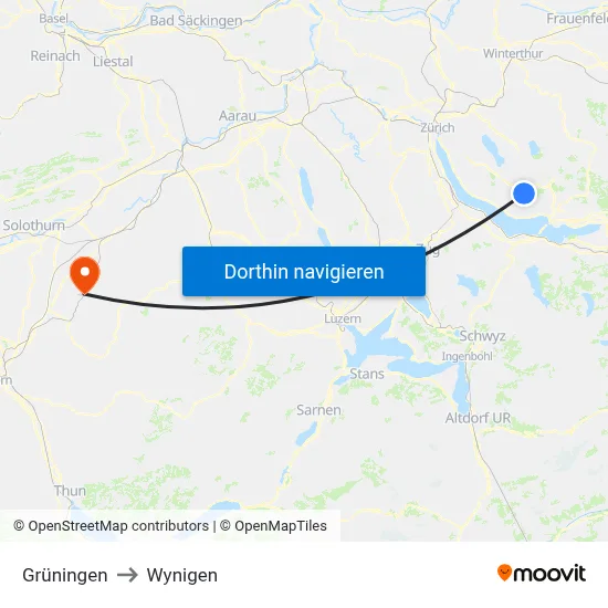 Grüningen to Wynigen map