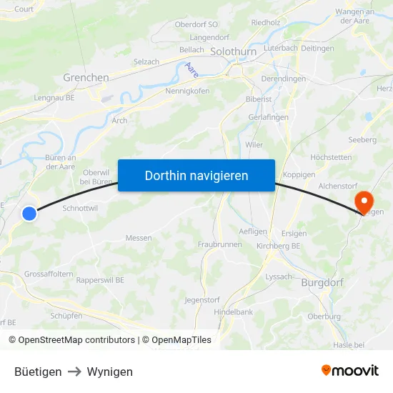 Büetigen to Wynigen map