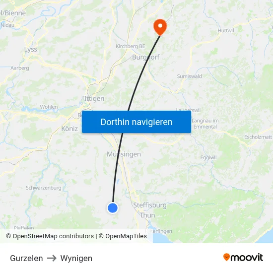 Gurzelen to Wynigen map