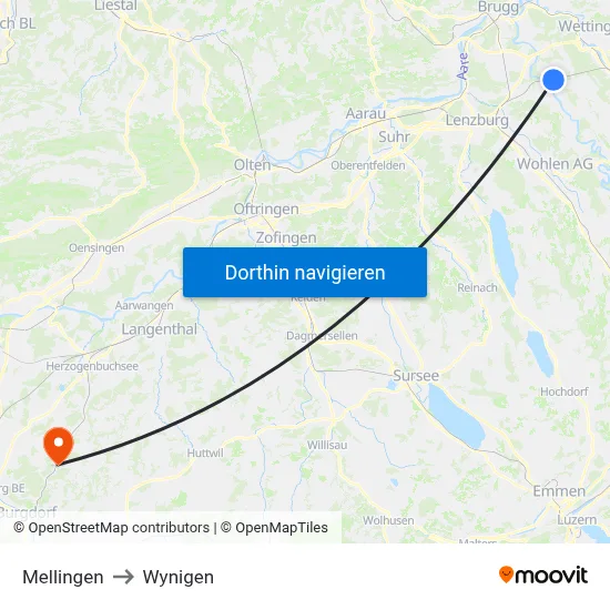 Mellingen to Wynigen map