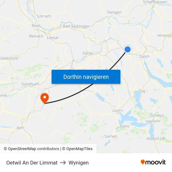 Oetwil An Der Limmat to Wynigen map