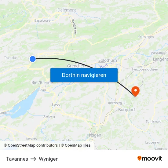 Tavannes to Wynigen map