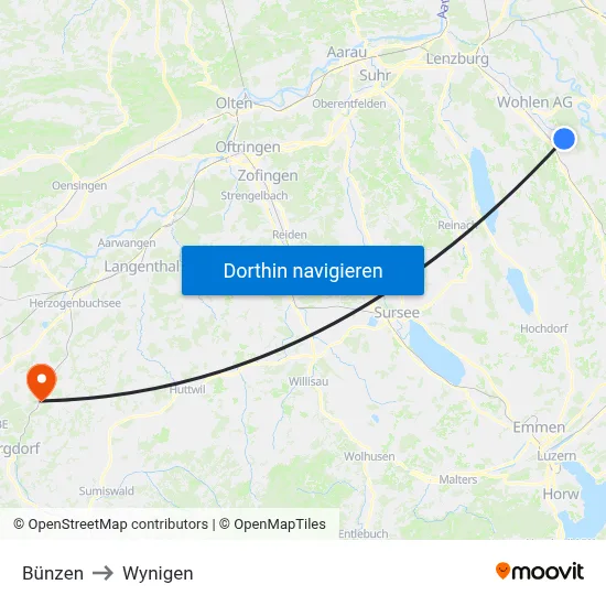 Bünzen to Wynigen map