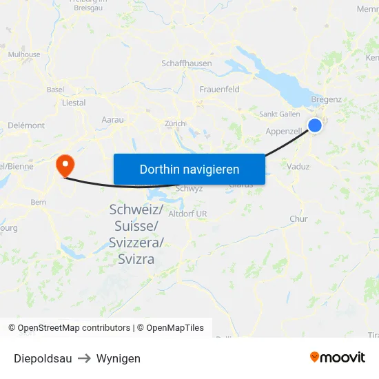 Diepoldsau to Wynigen map