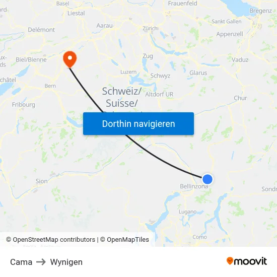 Cama to Wynigen map