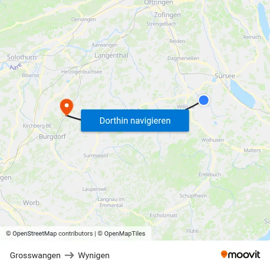 Grosswangen to Wynigen map